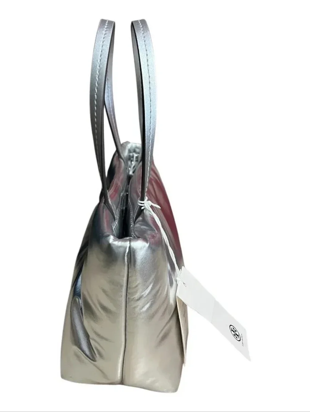 Tory Burch Britten Metallic Puffy Mini Tote Silver Crossbody New